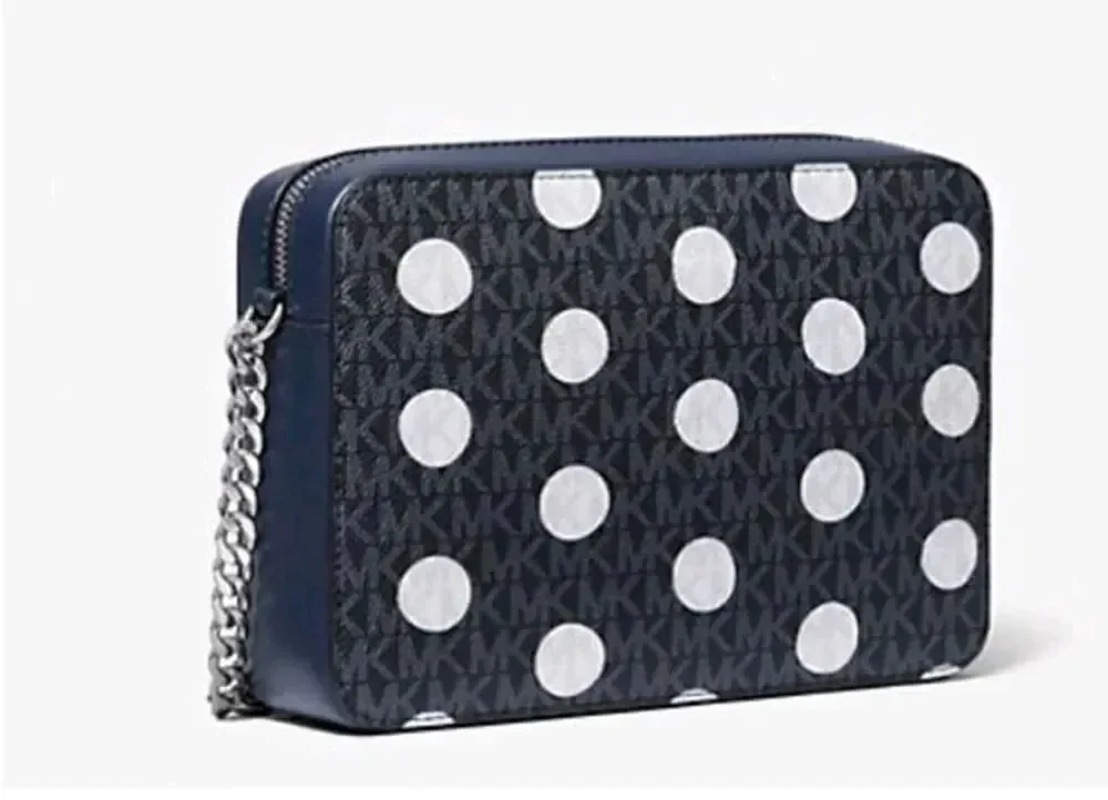 NWT~GIFT BOXED~MICHAEL KORS Large Jet Set Navy Polka Dot Sig Logo Crossbody Bag